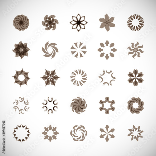 Abstract Circle Icon Set. Vector Isolated On Gray. Abstract Circular Logo For Company Symbol  Star  Tech Icon And Element Design. Creative Icons For Flower And Decorative Logo. Abstract Round Template