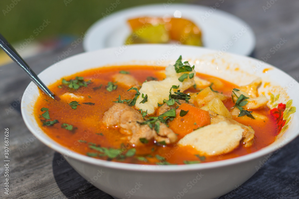 Bowl filled with traditional Hungarian soup called Gulyasleves