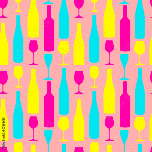 Vector colorful pattern with wine bottles and glasses