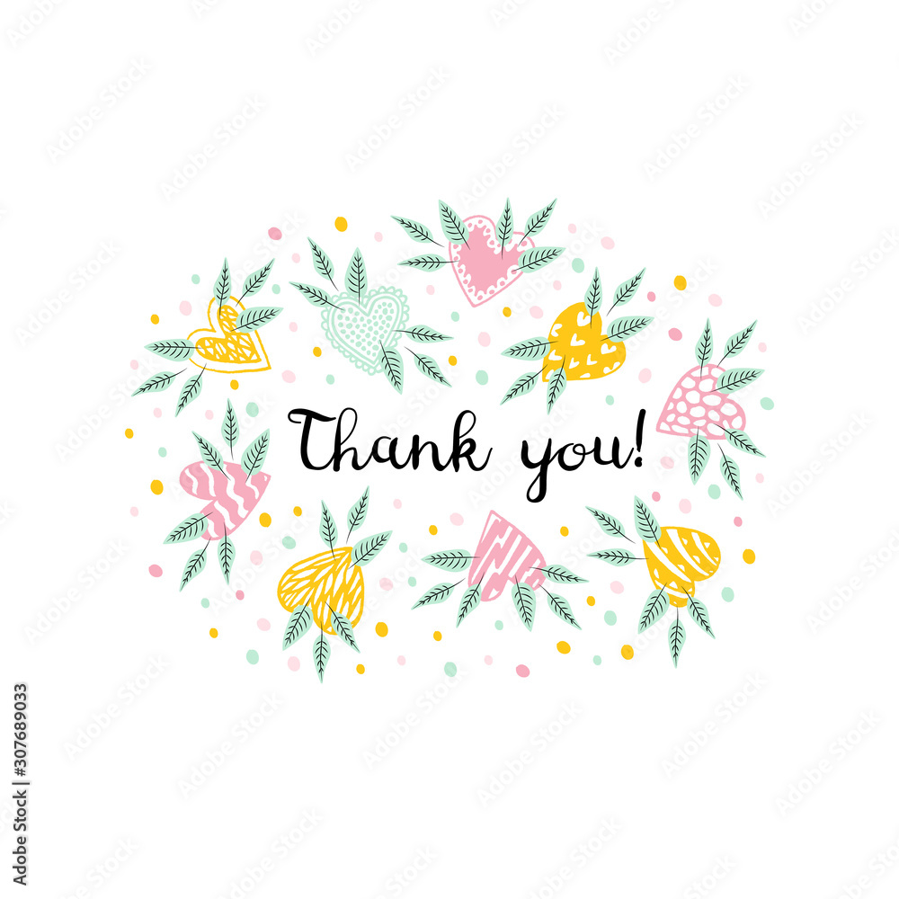 Design template card for International Thank You Day. Festive poster with text and hearts around.