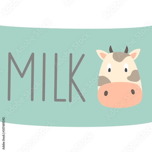 Hand drawn vector illustration of cow with text milk. Good for vegetarian and healthy life concept. Great for ingredient label or recipe.