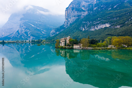 Calavino  Italy. Toblino castle on a beautiful lake.