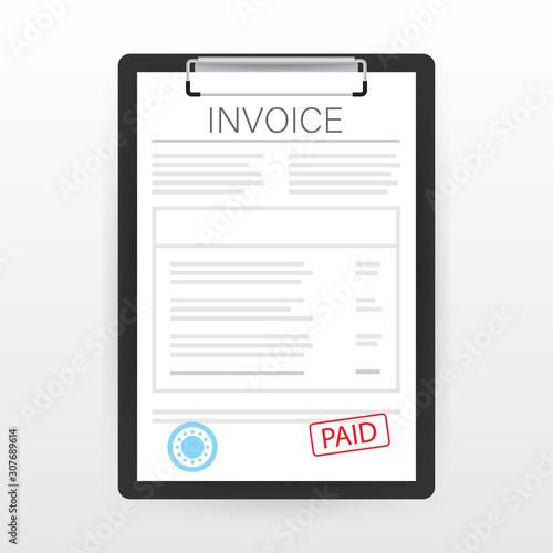 Invoice with paid stamp in clipboard. Vector stock illustration.