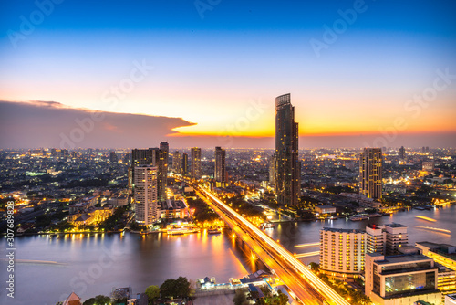 Twilight hour  Chao Phraya river  view from high building  Bangkok  Thailand