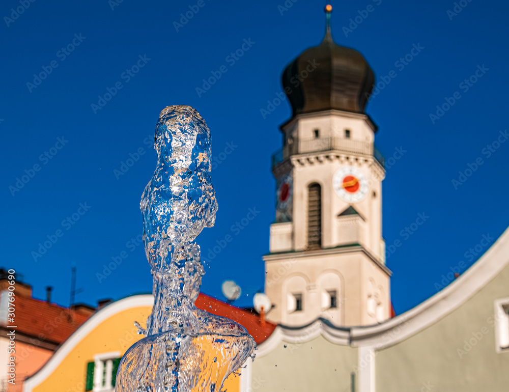 Beautiful view with a nice water fountain at Bad Griesbach, Bavaria, Germany