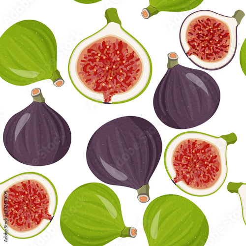 Seamless pattern with fresh figs whole and half. Food background.