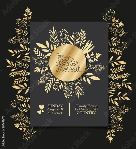 Baby shower invitation with leafs golden decoration