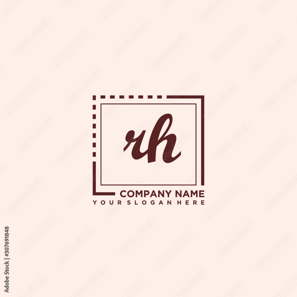 RH Initial handwriting logo concept, with line box template vector