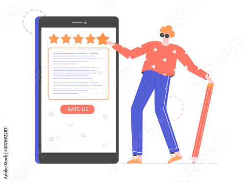 Feedback concept illustration. Man with a big pencil and smartphone with customer reviews. Guy gives a five-star rating. Vector flat design.