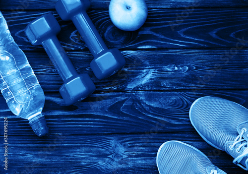 Sports Crafts, dumbbells, drinking water with blue tintend