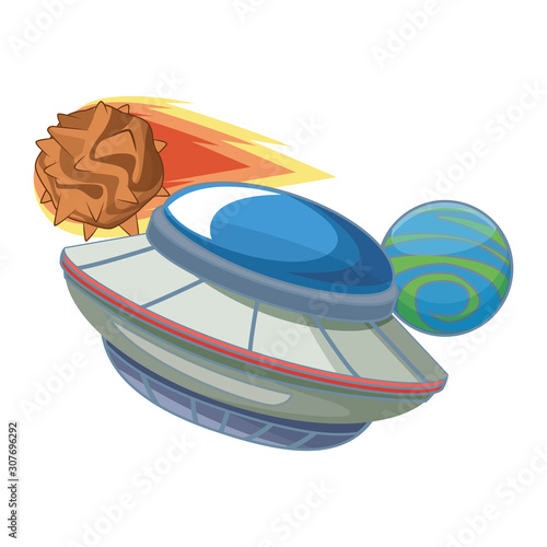 flying saucer with Flame meteorite and space planet