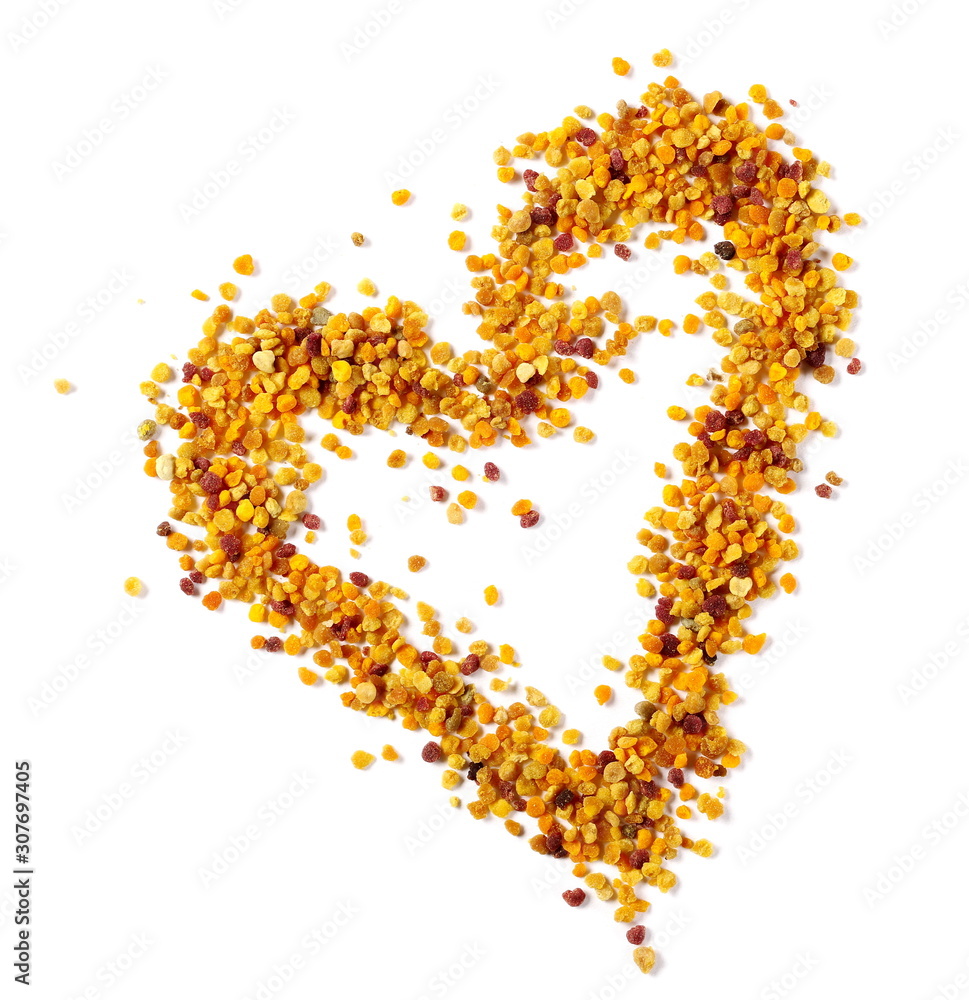 Pollen pile in shape heart isolated on white background, top view Pollen pile in shape heart isolated on white background, top view