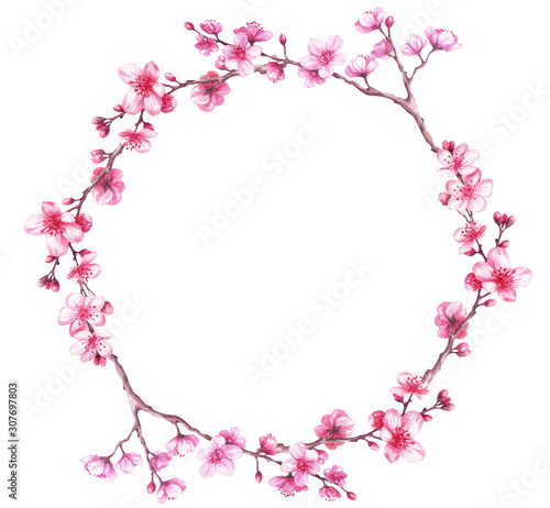 Watercolor frame wreath with cherry blossoms. Sakura. © Vilena