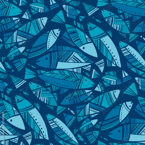 Blue mosaic Nord fish seamless pattern