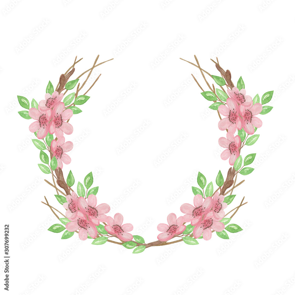 A light pink cherry blossom flowers wreath, a little tree branch of tender flowers on the white background, simple hand drawn illustration