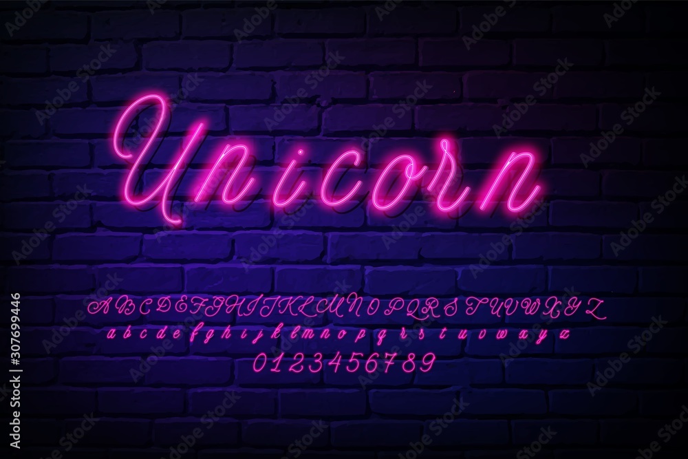 Glowing neon script alphabet. Red Neon font with uppercase and lowercase letters. Handwritten english alphabet with neon light effect