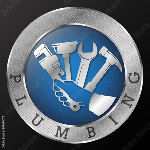 Plumbing and pipeline repair tool in hand symbol for business