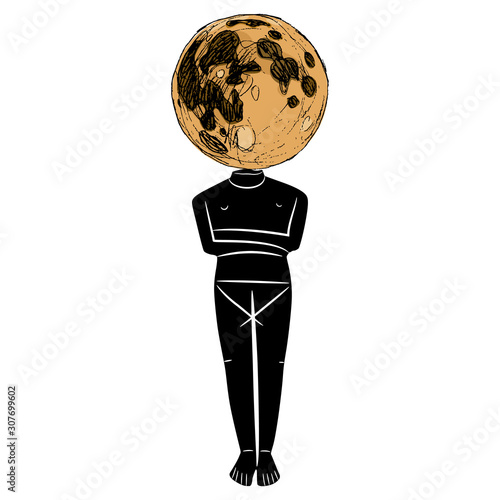 Cycladic ancient Greek idol with full moon as its head. Female figurine. Concept for female lunar energy. Great Mother goddess archetype. Metaphor for lunacy.