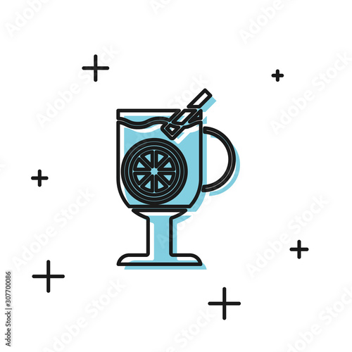 Black Mulled wine with glass of drink and ingredients icon isolated on white background. Cinnamon stick, clove, lemon slice.  Vector Illustration