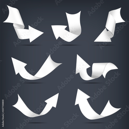 Set of white twisted paper arrows on dark background. Realistic style. Graphic elements. Modern simple arrows. Stock vector illustration.