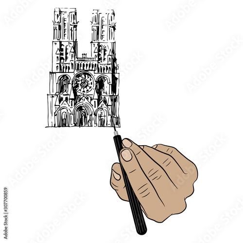 Human hand drawing medieval cathedral with a pen. Concept of creativity and fine arts. Laon Gothic cathedral in France. Isolated vector illustration.