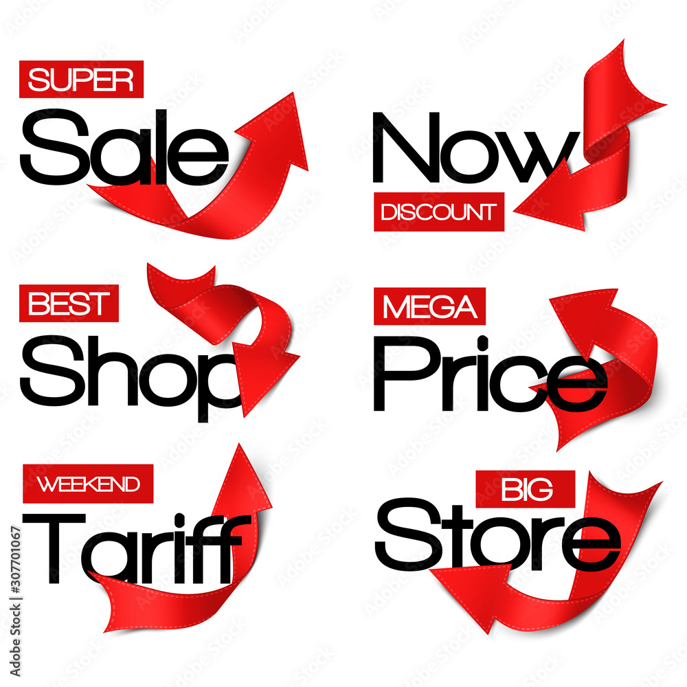 Set of banners with red twisted paper arrows on white background. Isolated design elements. Realistic style. Banners are for advertising campaigns design and online sales. Stock vector illustration. Set of banners with red twisted paper arrows on white background. Isolated design elements. Realistic style. Banners are for advertising campaigns design and online sales. Stock vector illustration.