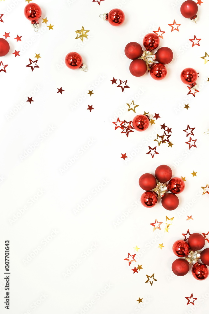 Christmas background . Xmas or new year red gold color decorations on white background with empty copy space for text.  holiday and celebration concept for postcard or invitation. top view 