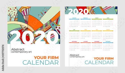 2020 pocket calendar abstract contemporary art vector set. Desk, screen, desktop months 2020, colorful 2020 calendar agenda template. Psychedelic sketched calendar, day planner. Set 12 month pages.