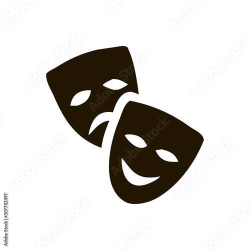 Original vector illustration of Theatre Masks on a white background. Comedy and tragedy, in a vintage style. Kind and evil joker. Cheerful and sad actor. The drawing for design. Black tattoo. Vector.