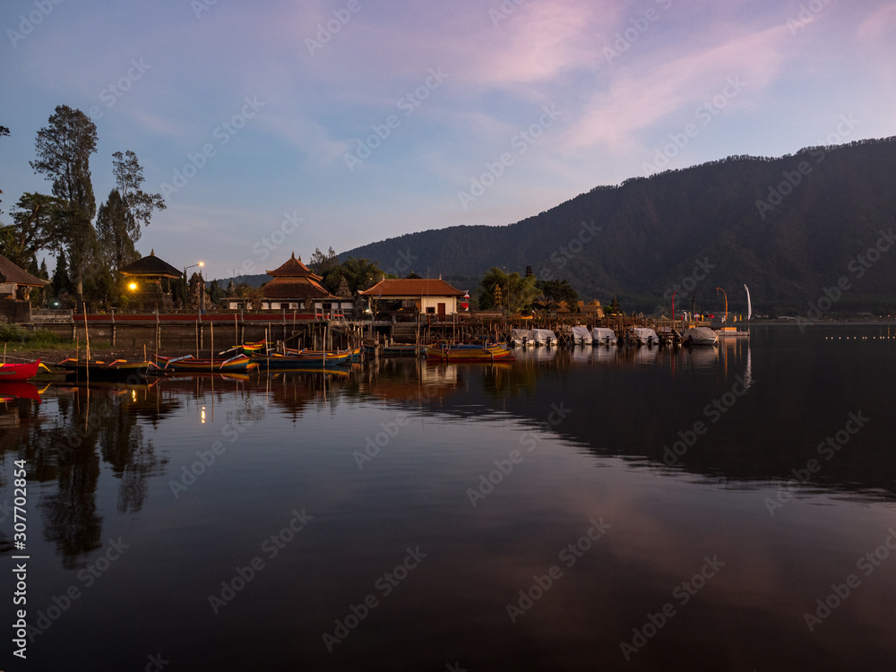 Indonesia, november 2019: A beautiful sunrise at a Lake Bratan with UlunDanu temple,Bali