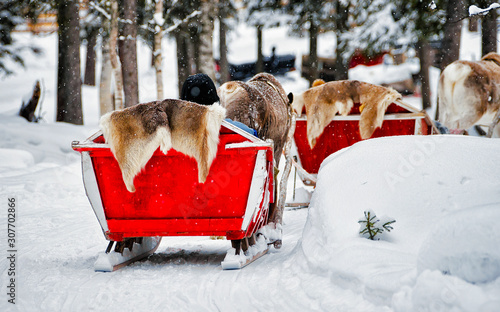 Foto People on Reindeer sleigh in Finland in Rovaniemi at Lapland farm