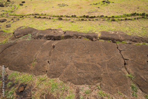 Remains of petroglyphs Papa Mango along the northern coast of Easter Island. Easter Island, Chile