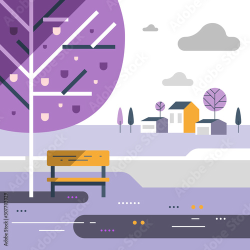 Autumn park scene, small bench at river bank, nice neighborhood