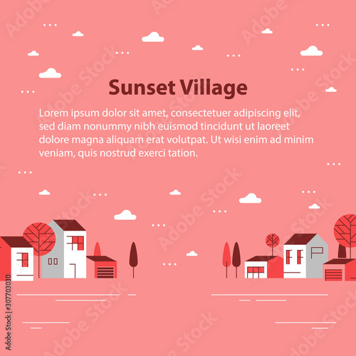 Autumn season in small town, tiny village view, row of residential houses, beautiful neighborhood
