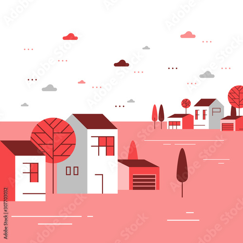 Autumn season in small town, tiny village view, group of residential houses, beautiful neighborhood