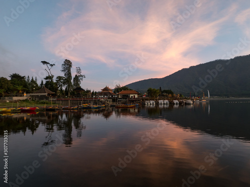 Indonesia, november 2019: A beautiful sunrise at a Lake Bratan with UlunDanu temple,Bali