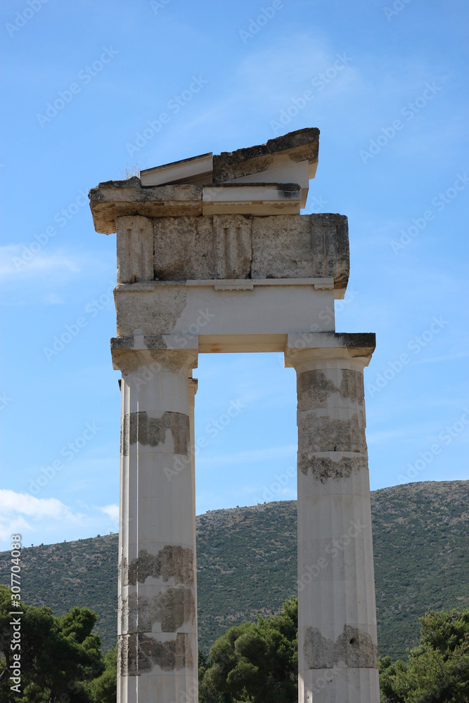 Restored ruins of Asclepius ancient greek Temple, Epidaurus, Peloponnese, Greece	 close up