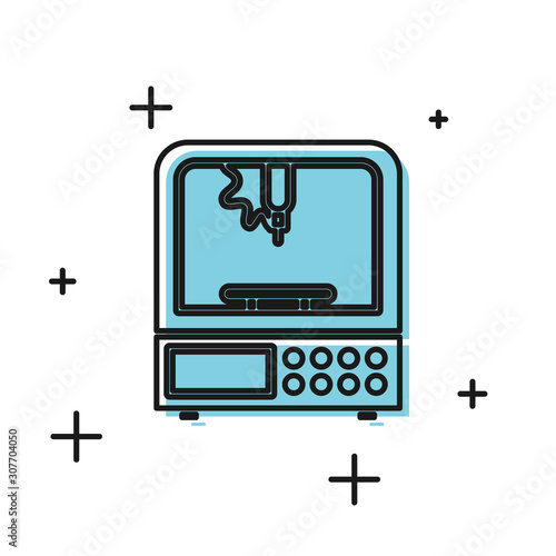 Black 3D printer icon isolated on white background. Vector Illustration