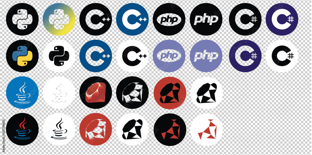 Some programming languages logos C sharp, Java, php, C++, Ruby, python ...
