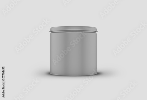 Round gray glossy Tin Can with lid. Container for dry products - tea, coffee, sugar, cereals, candy, spice. Packaging Mock up.3D rendering