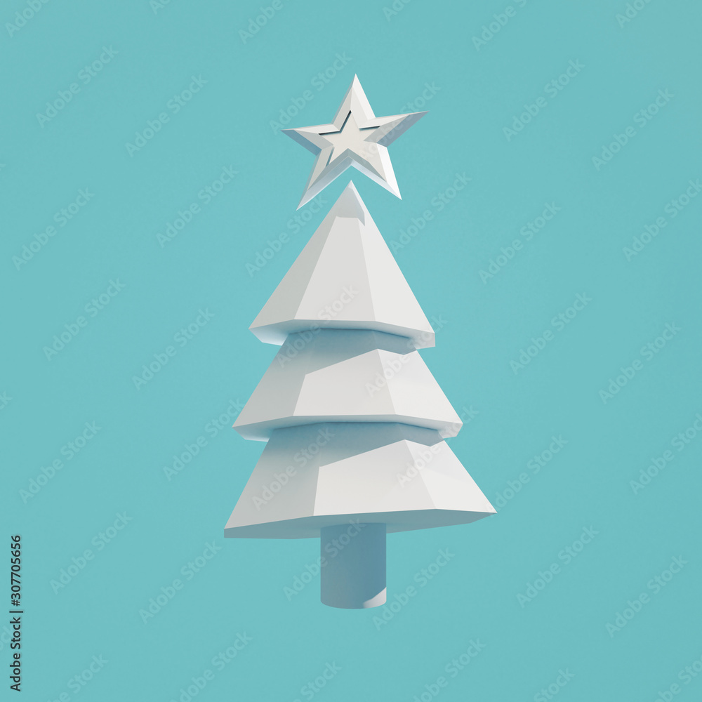 Fototapeta premium White christmas geometric pine tree on a blue background. Winter and xmas concept. 3D render illustration