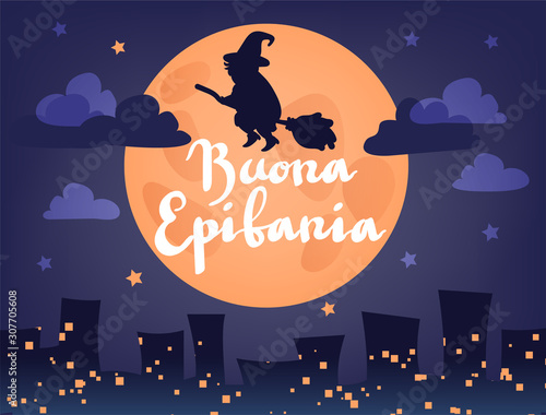 Buona Epifania (translation: Happy Epiphany) greeting card template with handwritten lettering, old witch flying on a broom in the night to bring presents. Hand drawn flat vector illustration. photo
