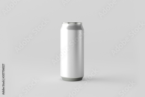 Blank silver Soda Can Mock up on light gray background. Tin package of beer or drink.3D rendering 