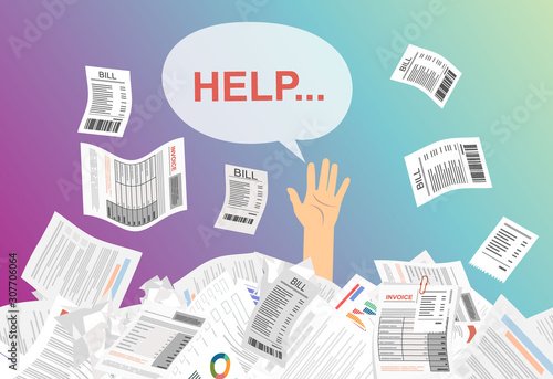 Businessman needs help under a lot of bills, in the office and requests for help. Can not pay bills, having financial troubles. Planning budget concep. Flat vector illustration.