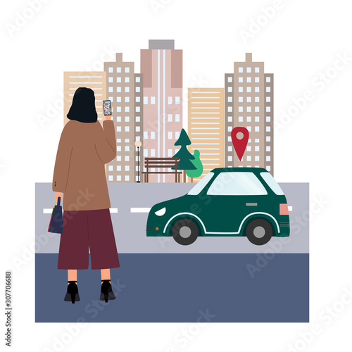 Woman  with smartphone ordered a car by online city car sharing service. Girl going to work. Mobile transportation concept. Everyday routine . Flat colorful vector illustration.