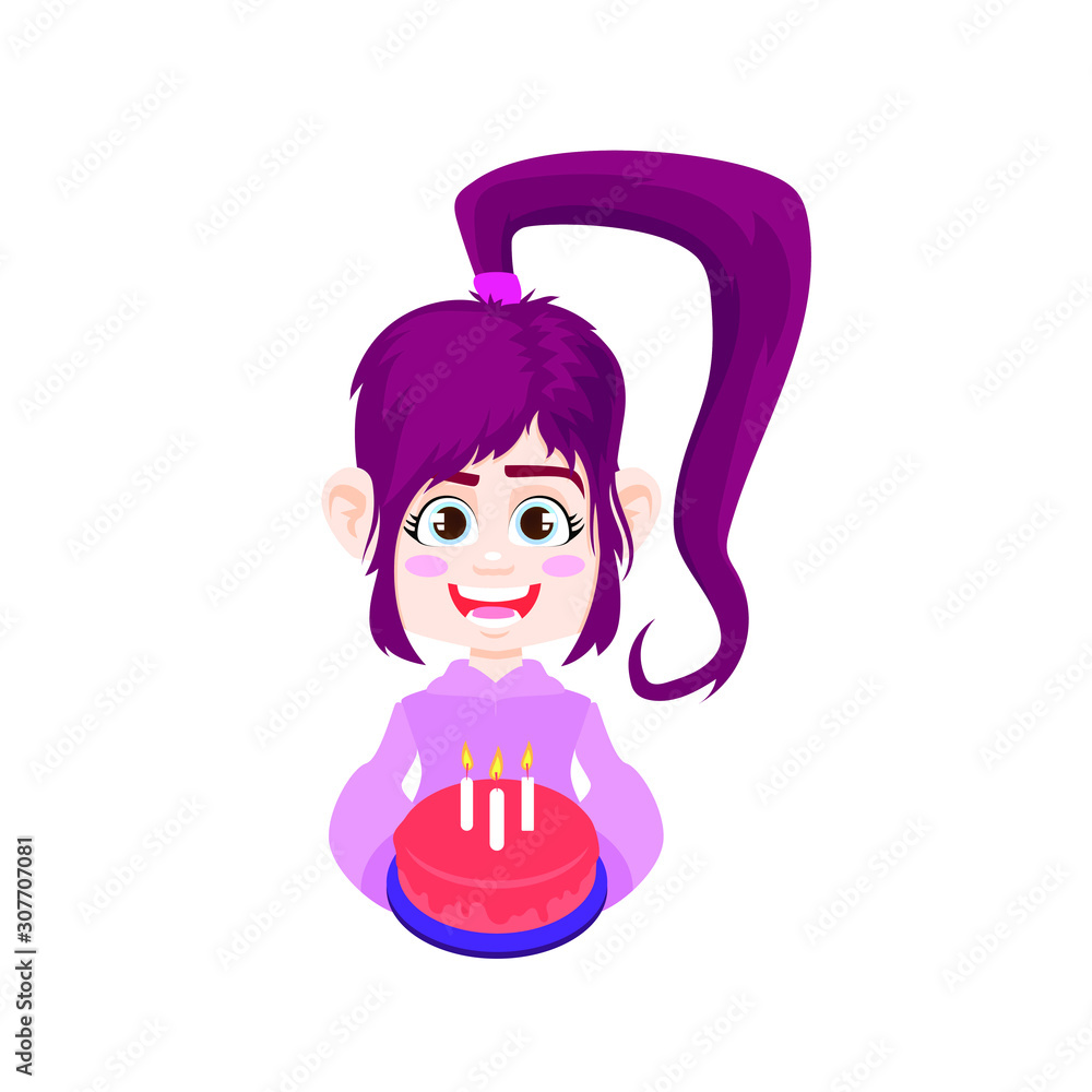 Φωτογραφία Young little girl with cake for Birthday, vector flat cartoon illustration isola