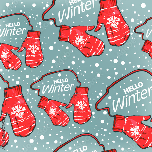 Vector pattern with winter mittens, vectorcartoon illustration, repeat pattern photo