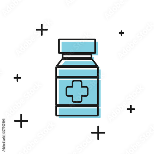 Black Dog medicine bottle and pills icon isolated on white background. Container with pills. Prescription medicine for animal. Vector Illustration
