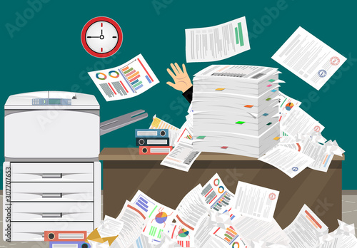 Businessman in pile of papers. Office multifunction machine. Paperwork, overwork, office. Printer copy scanner device. Proffesional printing station. illustration flat style