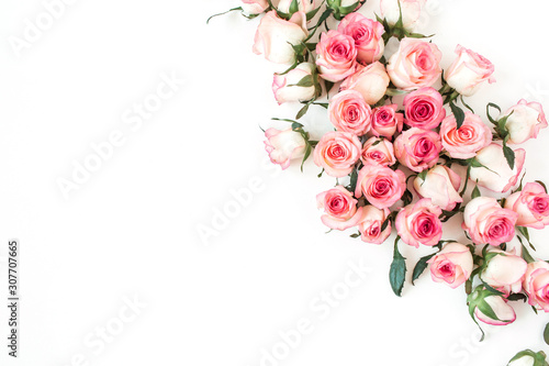 Flat lay rose flower buds. Top view minimal floral composition.